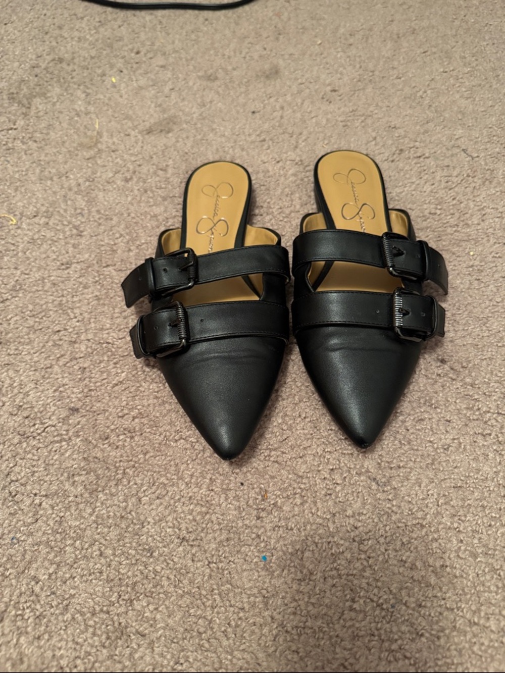 Jessica Simpson Black Pointed Double-Buckle Mules